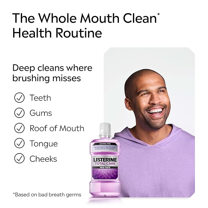 Listerine Total Care Alcohol Free Anticavity Fluoride Mouthwash, 6 Benefit Oral Rinse to Help Kill 99.9% of Germs That Cause Bad Breath, Strengthen Teeth, Restore Enamel, Fresh Mint Flavor, 500 mL