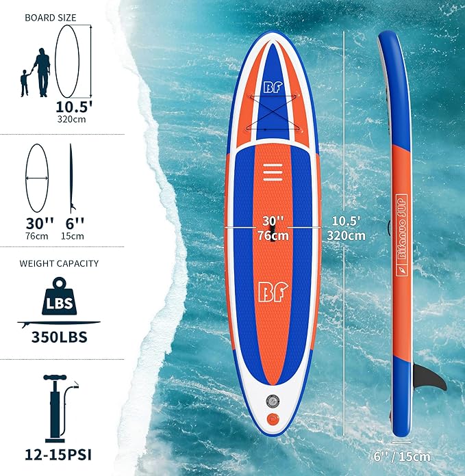 Inflatable Stand Up Paddle Board with SUP Accessories & Backpack. Paddle Boards for Adults. Non-Slip Deck, Wide Stance, Bottom Fin, Double Action Pump.