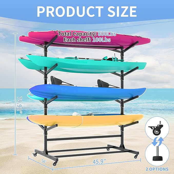 Kayak Storage Rack, Heavy Duty Kayak Stand Canoe Rack with Wheels, Freestanding Kayak Holder Stand for Kayaks, Canoes, Surfboard, Paddleboard Storage