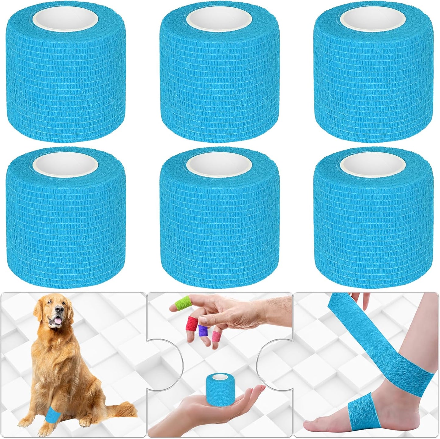 6 Pack 2 Inches Self Adhesive Bandage Wrap Breathable Cohesive Bandage Elastic Tape for Pets, Athletic, Sports, Wrist, Knee, Ankle(5 Yards Per Roll, Light Blue)