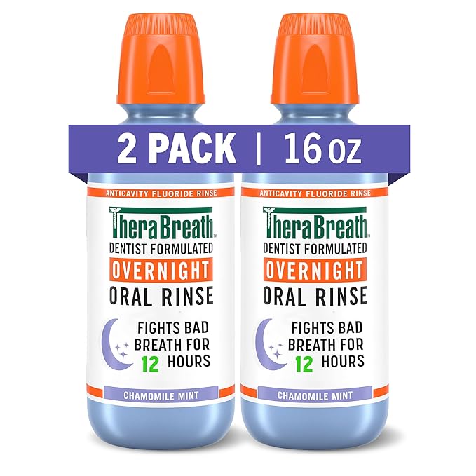 TheraBreath Overnight Mouthwash, Fights Bad Breath for 12 Hours, Chamomile Mint Flavor, Dentist Formulated, Fluoride Rinse, Alcohol Free, 16 fl oz (Pack of 2)
