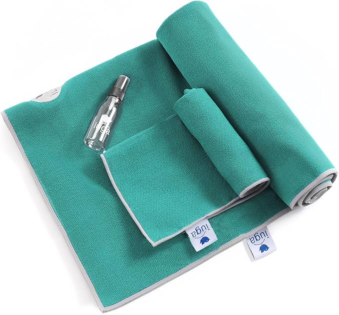 IUGA Yoga Towel for Hot Yoga Non Slip Extra Thick Yoga Mat Towel + Hand Towel 2in1 Set with Corner Pockets Super Absorbent and Quick Dry Hot Yoga Towel