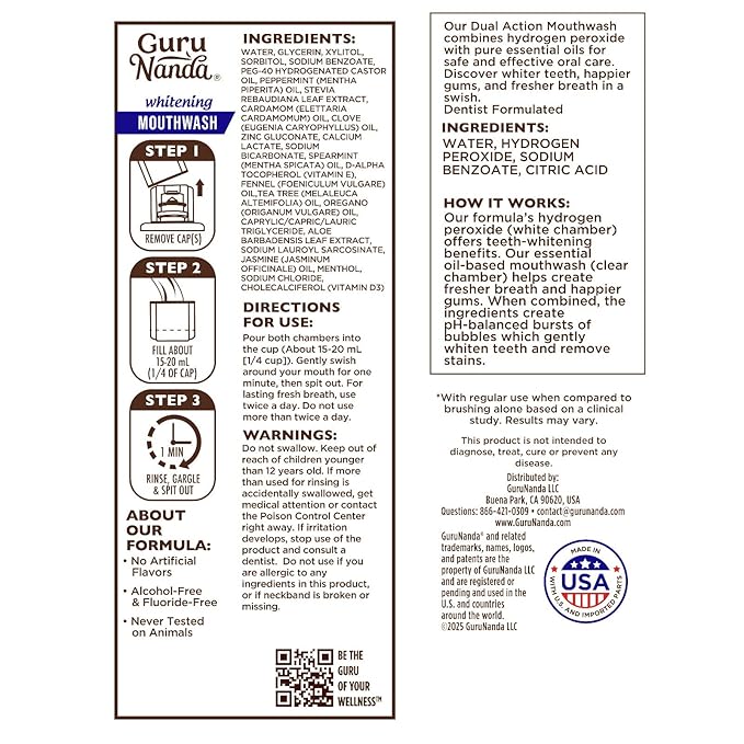 GuruNanda Teeth Whitening Dual Barrel Oxyburst Mouthwash - Alcohol & Fluoride Free, Hydrogen Peroxide to Promote Whiter Teeth - Wild Mint - 20 Fl Oz
