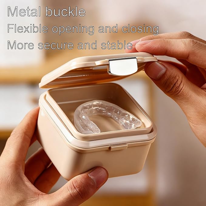 Denture Soaking Container Retainer Cleaner Case, Leak Proof Denture Bath Box with Strainer Basket, with Cleaning Brush Dentures Cup, with Mirror Waterproof Denture Holderfor Travel（beige）