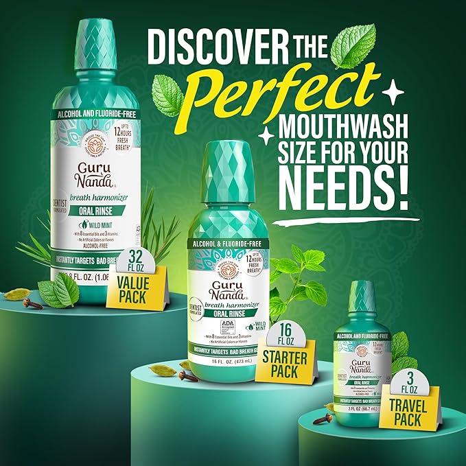 GuruNanda Fresh Breath Mouthwash, ADA-Accepted, Alcohol & Fluoride-Free, Sodium Chlorite, Essential Oils & Vitamins, 12-Hrs Fresh Breath, Wild Mint, 3 oz (Pack of 2)