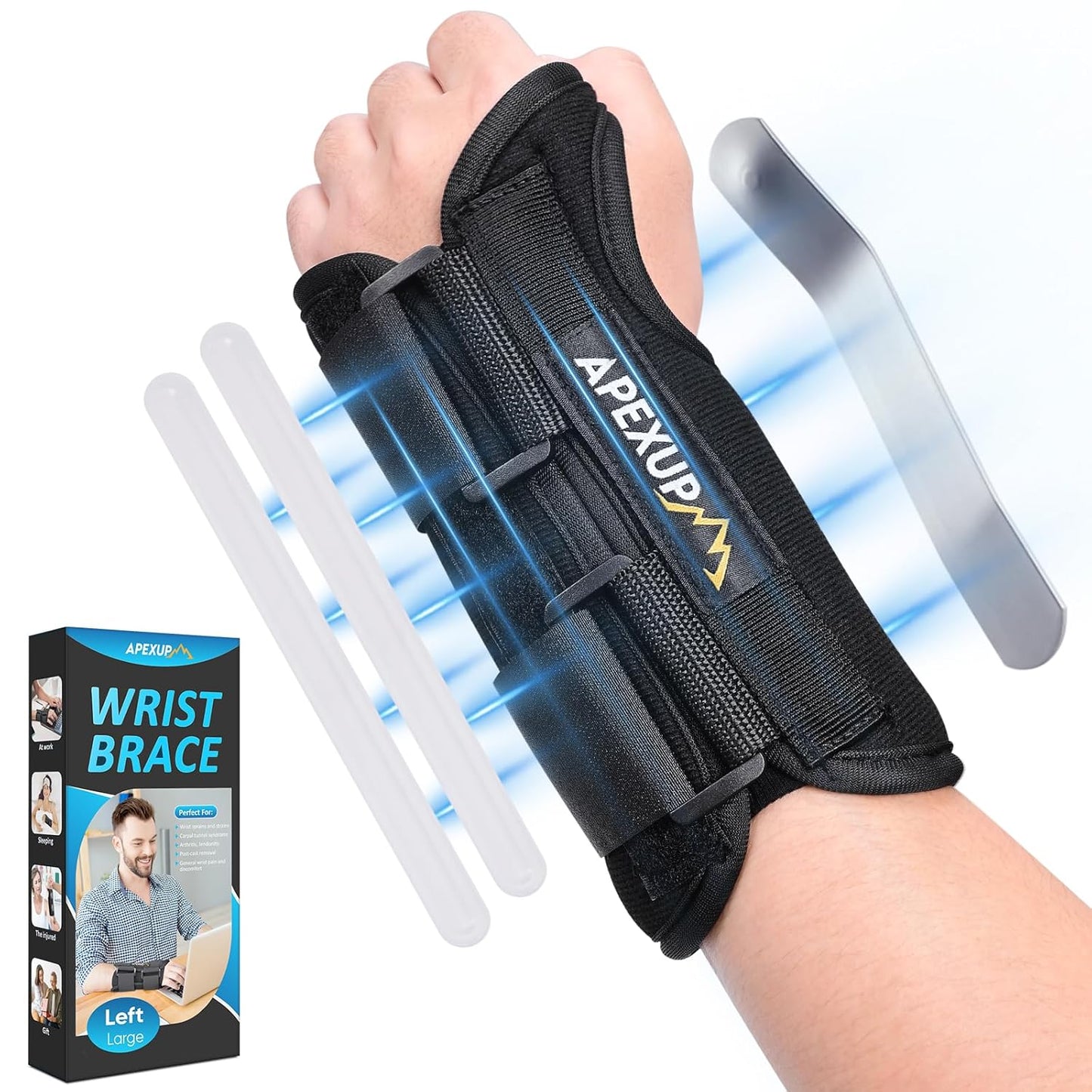 APEXUP Wrist Brace for Carpal Tunnel, Night Pain Relief Hand Brace with Adjustable Wrist Wraps and Splint for Men and Women, Ideal for Tendonitis, Arthritis, and Sprains (L, Left)