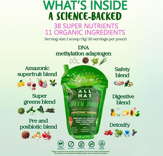 ALL NAT Super Greens Powder | Green Juice with 38 Superfoods, 11 Organic Nutrients, Amazonian Antioxidants | Gut Health, Detox & Immunity | Vegan, No Sugar – 30 Servings