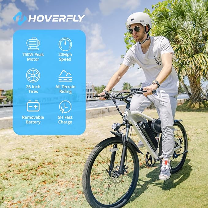 HOVERFLY OUREA 26" Electric Bike for Adults, 750W Peak Motor Mountain Ebike, 20MPH Up to 40 Miles, UL2849 Certified, 7-Speed, Removable Battery, Shock Absorber, Fat Tire Commuter E-Bike