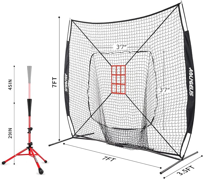 7'X7' Baseball Softball Practice Net,Pitching Net,Batting Net,with Baseball Tee,Bonus Strike Zone and Bow Frame,for Hitting,Pitching, Catching