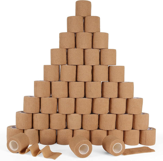 48 Pack Self Adhesive Bandage Wrap, 2” x 5 Yards Cohesive Medical Tape Elastic Grip Tape Black Sports Tape Athletic for Ankle, Wrist Sprains, Pet First Aid (Brown)