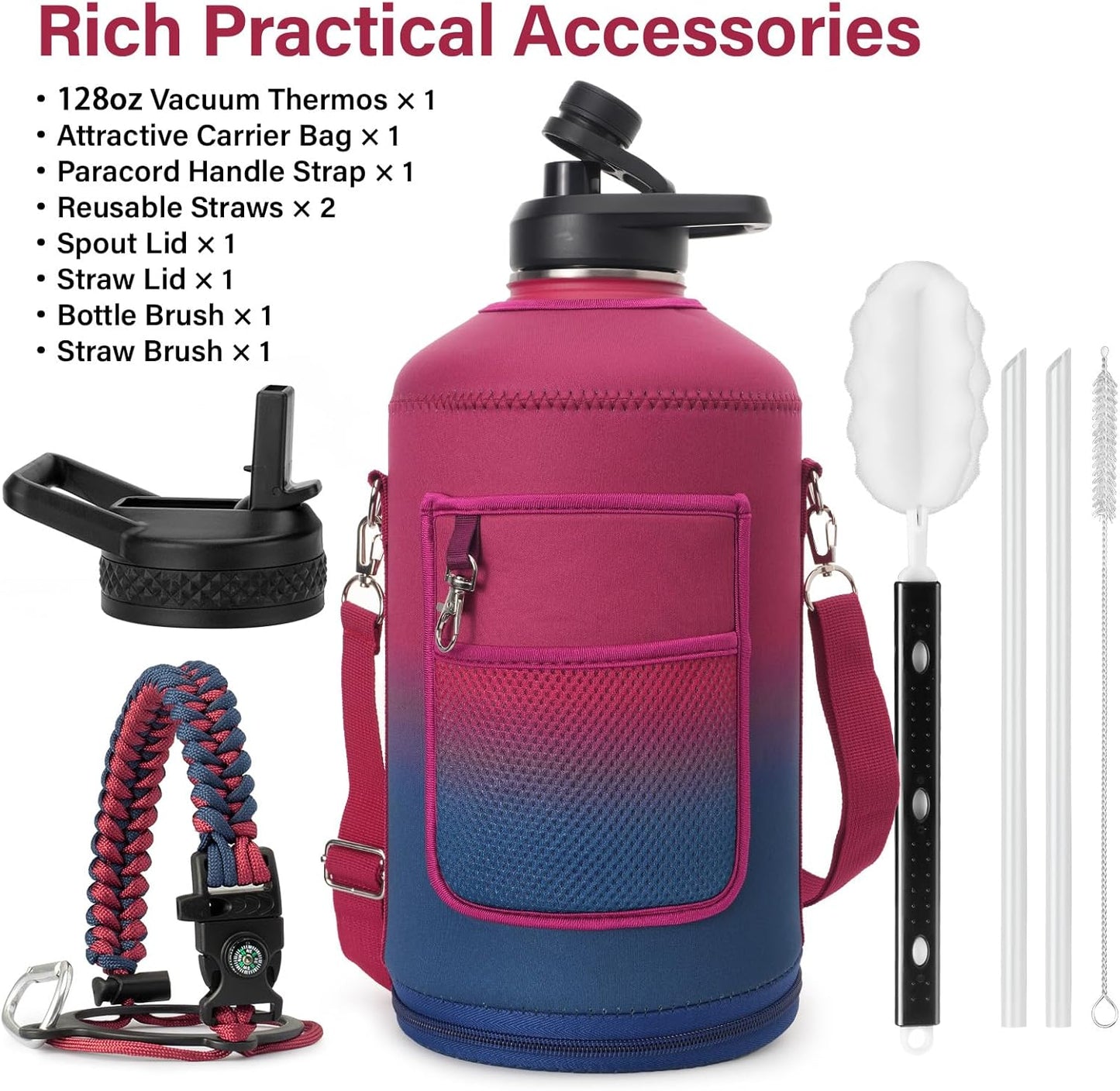 1 Gallon Water Bottle Insulated | Thickened Stainless Steel Vacuum Metal Water Jug | Portable Sports Large for Gym and Hiking with Straw, Carrier Bag, Handle Strap | BPA-Free 128 oz