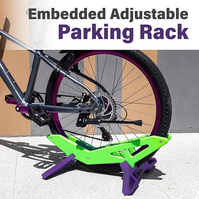 Adjustable Bike Parking Stand Fits 16-29 Inch Bicycles, Compatible with 23c-3.0 Tire Width – Heavy-Duty Plastic, Easy Installation, Stylish Two-Tone Design (Green&Purple(2 Pack))