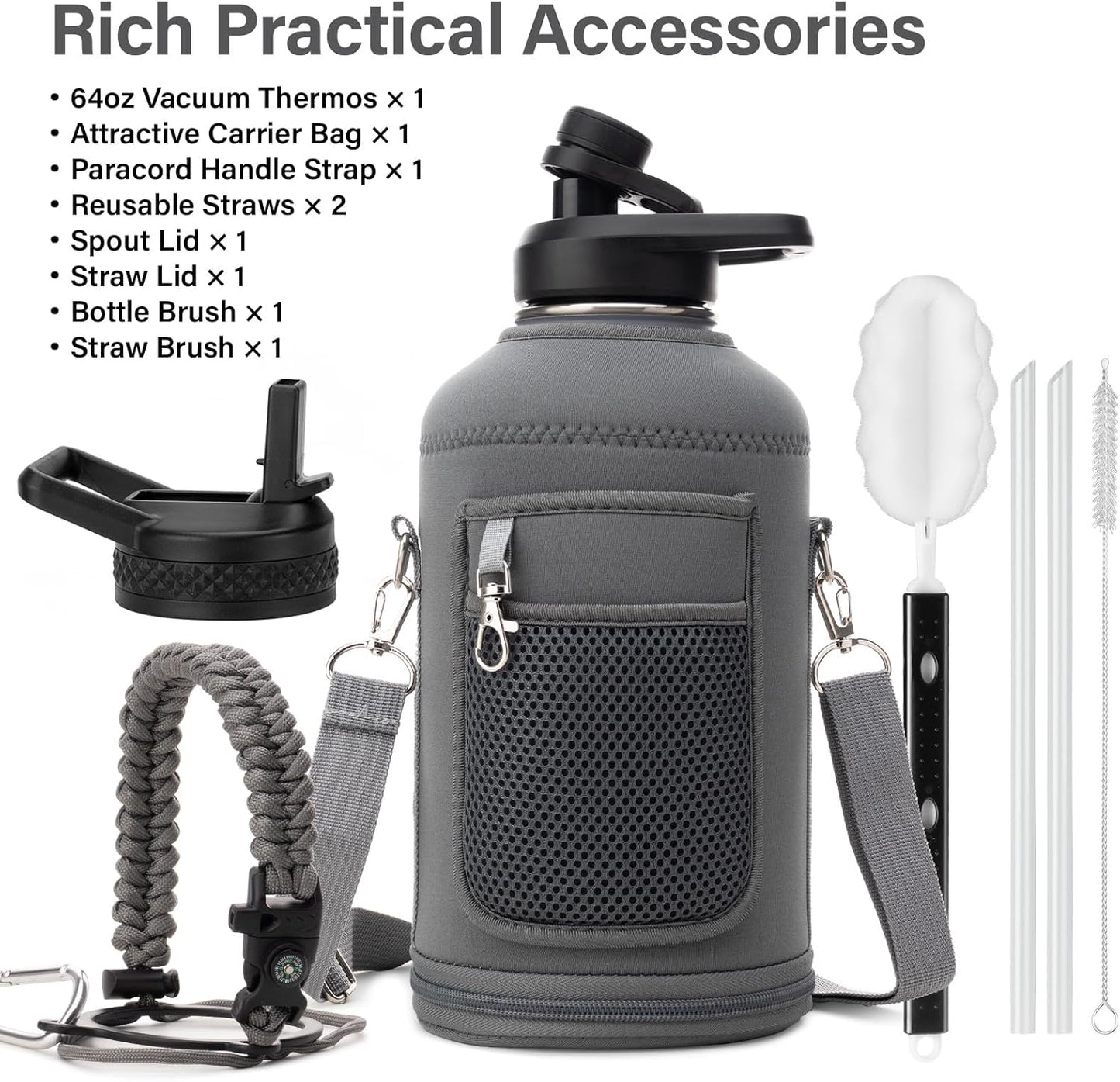 Insulated Water Bottle | Thickened Stainless Steel Vacuum Metal | Portable Sports Half Gallon Large Water Jug for Gym and Hiking with Straw, Carrier Bag, Handle Strap | BPA-Free 64 oz