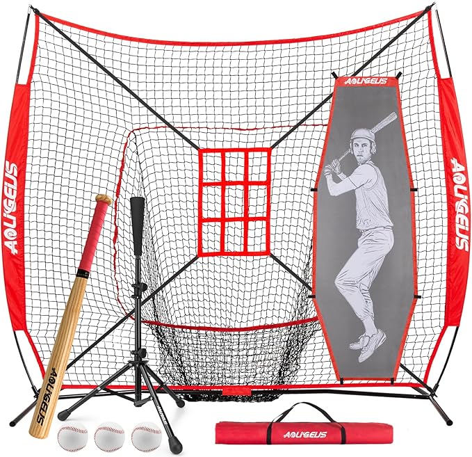 7'X7' Baseball Softball Practice Net,Pitching Net,Batting Net,with Baseball Tee,Bonus Strike Zone and Bow Frame,for Hitting,Pitching, Catching