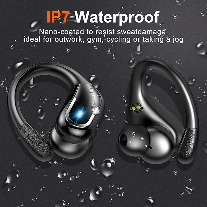 Ltinist Wireless Earbud, Bluetooth 5.3 Headphones Pure Bass Sound with Earhooks, 75H Battery Over Ear Headphones with Dual-LED Display, IP7 Waterproof Earphones Built-in Microphone for Running Sports