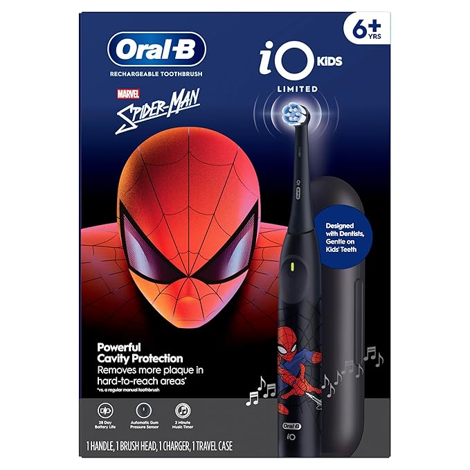 Oral-B iO Kids Limited Rechargeable Electric Powered Toothbrush, Spiderman with 1 Gentle Care Brush Head - Automatic Pressure Sensor to Protect Gums - 3 Cleaning Settings - 2 Min Music Timer