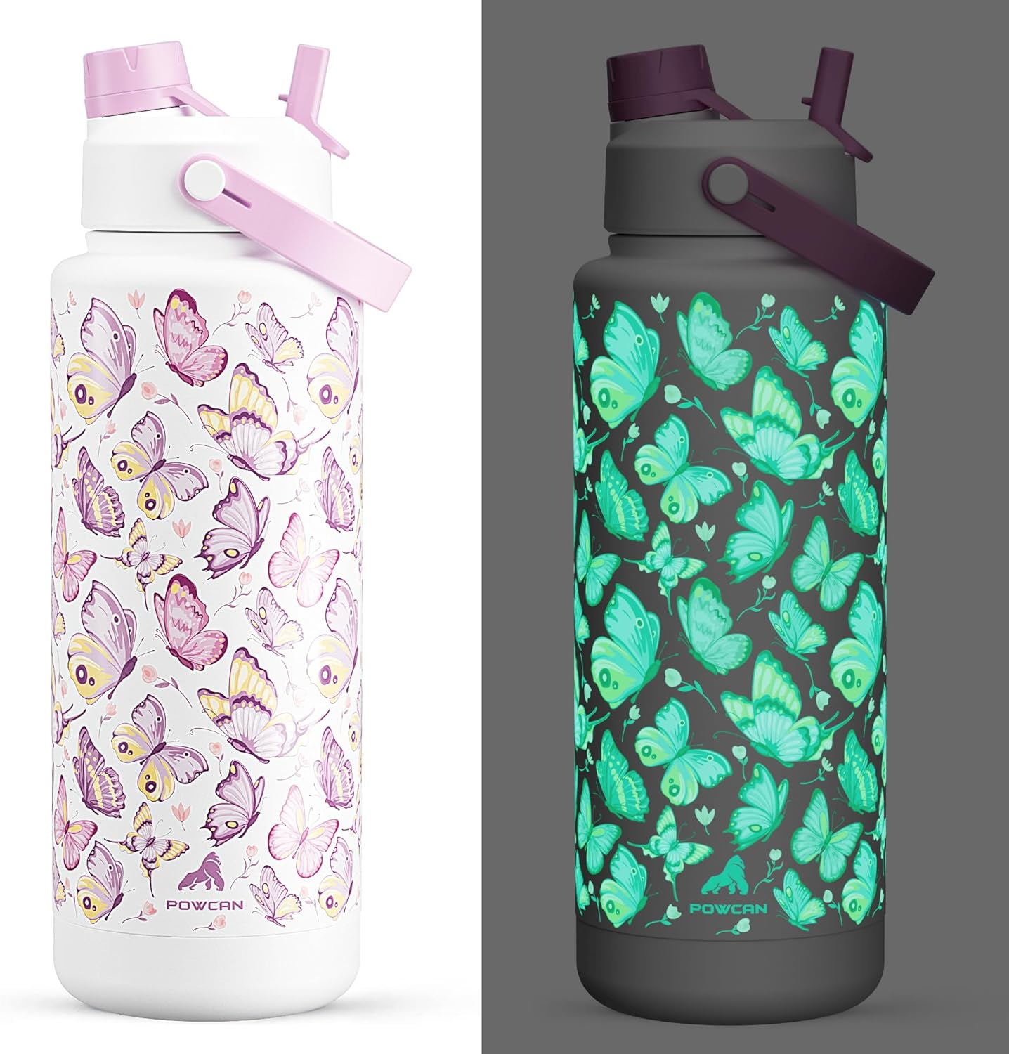 40 oz Insulated Water Bottle with 2-in-1 Straw and Spout Lid, Glow-in-the-Dark, 24H Cold, Leakproof, BPA-Free, Double Wall Stainless Steel for Sports, Gym, Travel, and School (Luminous Flutter)