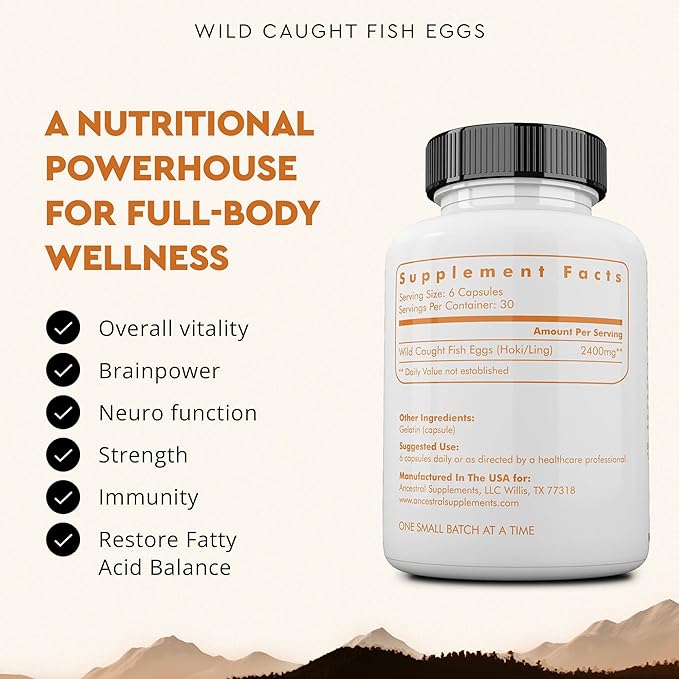 Ancestral Supplements Wild Caught Fish Eggs, 2400mg, Omega-3 Supplement Supports Brain, Heart, Fertility and Inflammatory Health, Whole Food Source of Vitamin D, K2, and A, Non-GMO, 180 Capsules