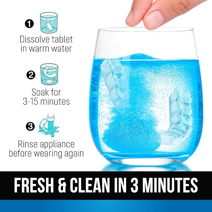 Retainer Cleaner Tablets - Quick 3-Minute Clean for Dentures, Mouth Guards, Aligners, and Night Guards - 120 Dental Cleansing Tablets - FSA HSA Approved Dental Appliance Cleanser