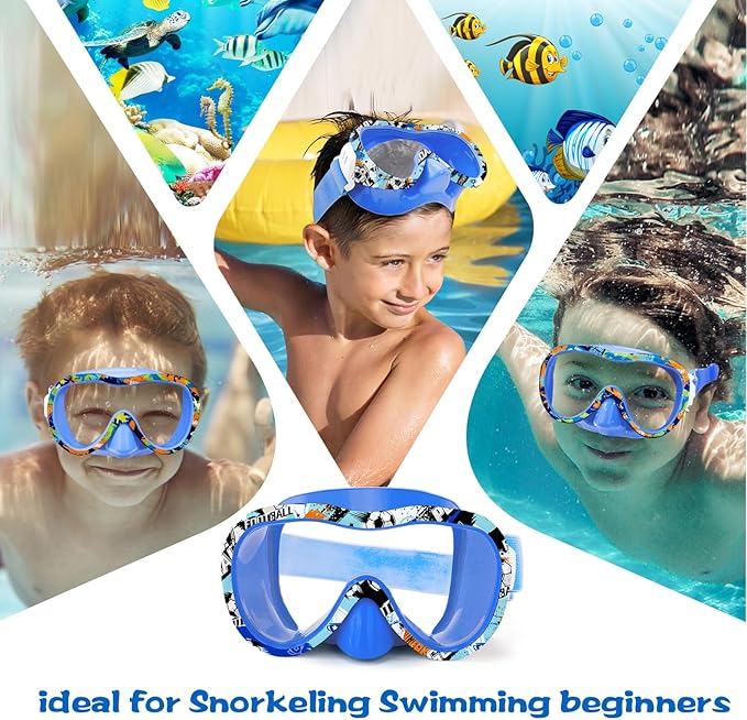 Kids Swim Goggles 180° Snorkel Diving Mask with Nose Cover, Anti-Fog Kids Swimming Goggles with Elastic Fabric Strap for Kids Boys Girls