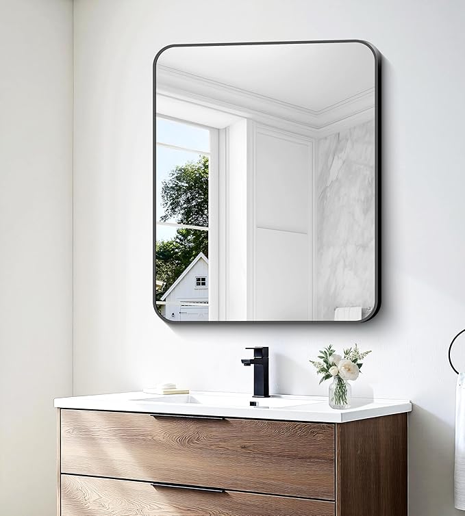 30x36 inch Bathroom Mirror,Black Rectangle Mirror,Wall Mounted Bathroom Frame Vanity Mirror with Round Corner for Bedroom Living Room, Entryway Hangs Horizontal or Vertical
