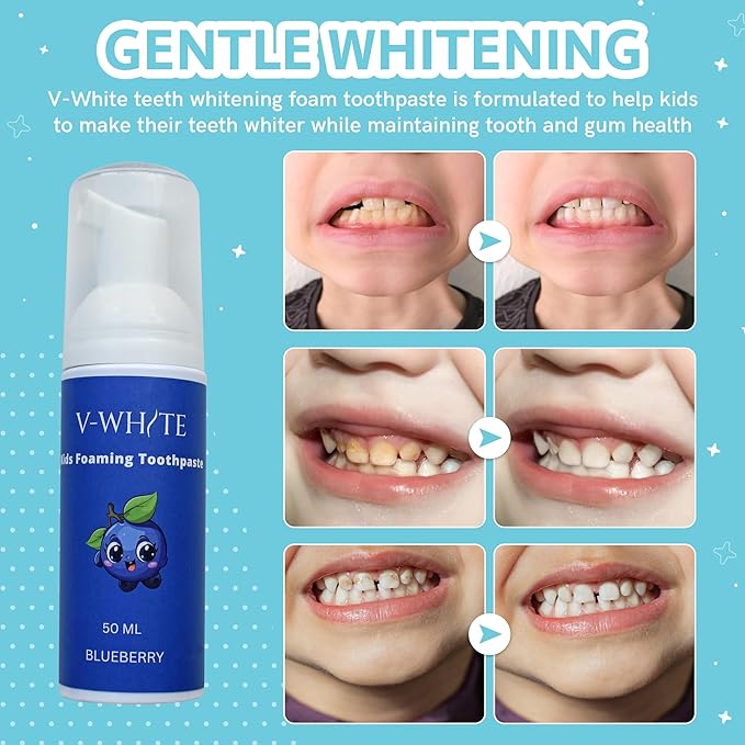 V-White Foam Teeth Whitening Toothpaste - Organic Toothpaste Fluoride Free, Alcohol Free, pH Balanced - Deep Cleansing, Stain Removal, Travel Friendly, for Kids & Adults (Large, Blueberry)