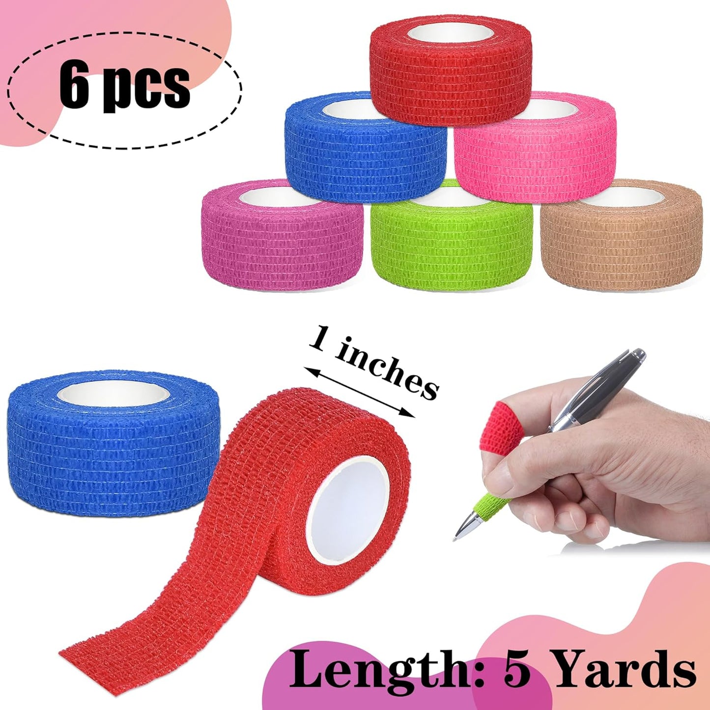 6 Pack 1 Inches Self Adhesive Bandage Wrap Breathable Cohesive Bandage Elastic Tape for Pets, Athletic, Sports, Wrist, Knee, Ankle(5 Yards Per Roll, Mixed Colors)
