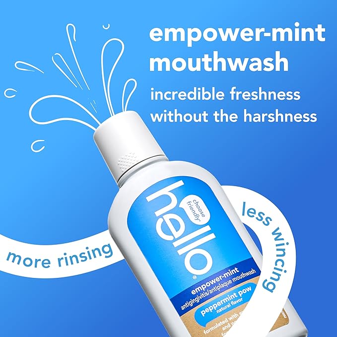 hello Empower-Mint Fluoride Free and Alcohol Free Mouthwash, Non Alcoholic Mint Mouthwash Pack, Peppermint Pow, 3 Pack, 16 Fl Oz Bottles