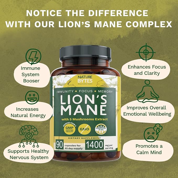 Lions Mane Mushroom Complex [100% Pure Extracts] Lion’s Mane, Reishi, Chaga, Maitake & Shiitake Powder for Nootropic Brain Support, Immune Health, Memory, Mood Boost and Focus