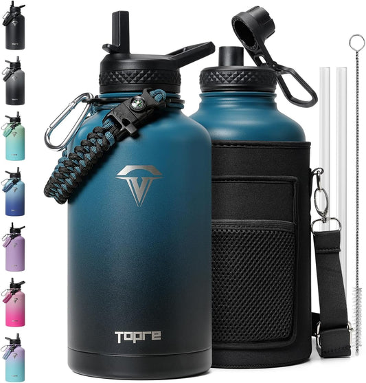 64 oz Insulated Water Bottle,Half Gallon Water Flask Stainless Steel Vacuum, Cold for 48 Hrs,BPA-Free & Leakproof -with Paracord Handle, Strap,Straw Spout Lids,Large Jug for Gym,Indigo Black