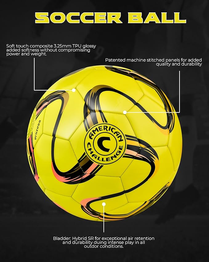 American Challenge Brasilia Soccer Ball – Soccer Ball Size 5, 4, 3 & 2 – for Youth & Adults – Ideal for Practice, Training & Grass Fields