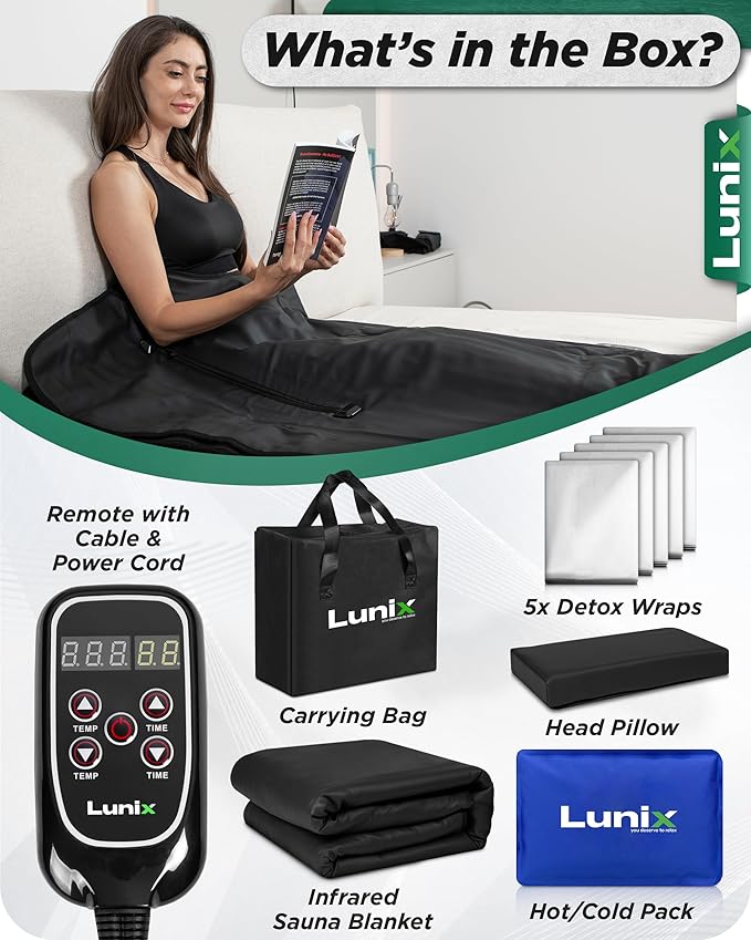 Lunix LX17 Infrared Sauna Blanket for Home, Portable Sauna for Detox, Pain Relief & Recovery, Adjustable 77–176°F Far Infrared Heat with Head Pillow, Detox Wrap & Hot Cold Gel Pack – Jet Black