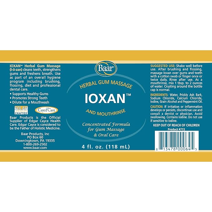Baar Products - Ioxan Herbal Gum Massage - Oral Hygiene, Dental Health - Mouthwash, Liquid Toothpaste - Sodium Chloride, Calcium Chloride, Peppermint Oil - Relief, Circulation, Stimulation - 4 oz