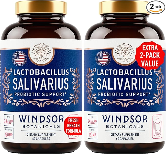 WINDSOR BOTANICALS Lactobacillus Salivarius Probiotic Capsules - L Salivarius Probiotic Oral Dental Probiotics for Bad Breath, Teeth and Gums Health and Immune Support - 24bn CFU, 2-Pack 120 Caps