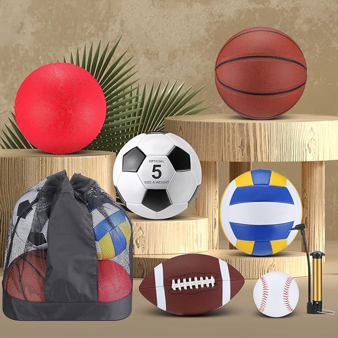Leyndo 18 Pcs Sport Balls Bulk Set Basketball Football Volleyball Soccer Playground Baseball with Sport Equipment Bag Pump for Youth Adults Outdoor Indoor Practice Gift Back to School