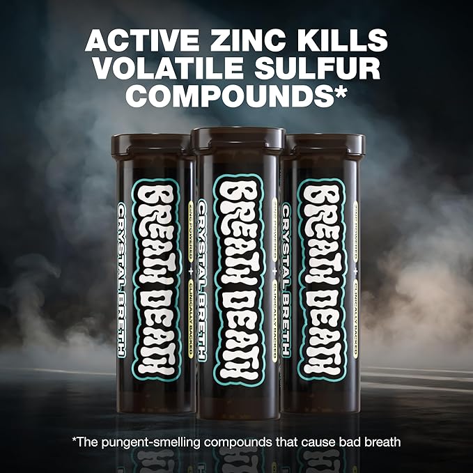 Breath Death Crystal Breth Breath Mints, Peppermint Mint Crystals, Gluten Free, Vegan & Zero Calorie Mints, Zinc-Infused & Fast Acting Formula, Single Pack - 4 Tubes, 12 Servings Per Tube, 1.6 Oz.