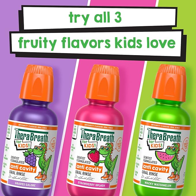 TheraBreath Kids Organic Wacky Watermelon Mouthwash with Fluoride, Anticavity, Dentist Formulated, 16 Fl Oz (Pack of 2)