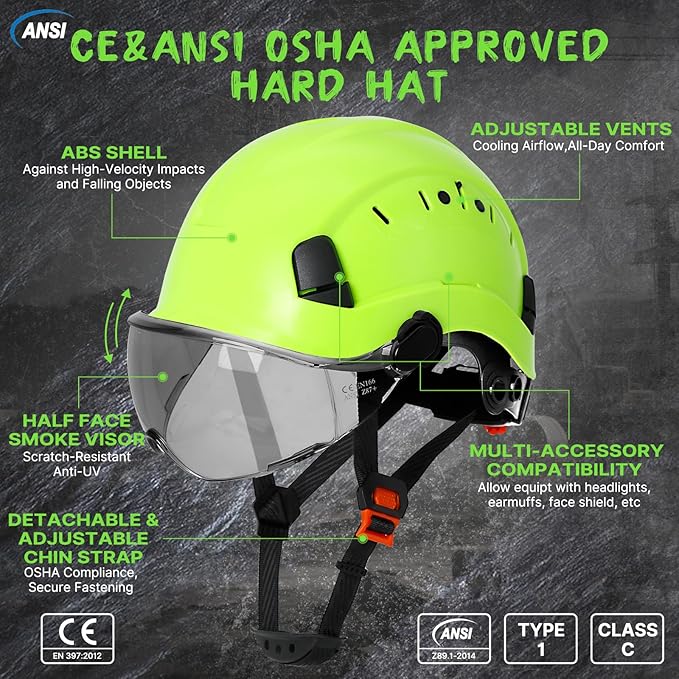 Aolamegs Construction Hard Hats for Adults - Hard Hats Construction OSHA Approved with Smoke Visor for Men Women ANSI Z89.1 Vented Safety Helmet, Hard Hat with Chin Strap,6 Point Suspension （Green