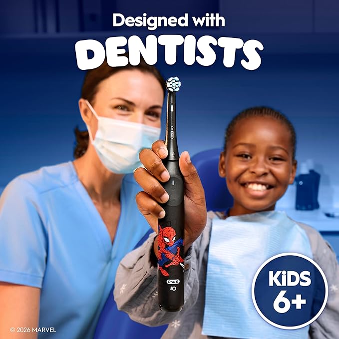 Oral-B iO Kids Limited Rechargeable Electric Powered Toothbrush, Spiderman with 1 Gentle Care Brush Head - Automatic Pressure Sensor to Protect Gums - 3 Cleaning Settings - 2 Min Music Timer
