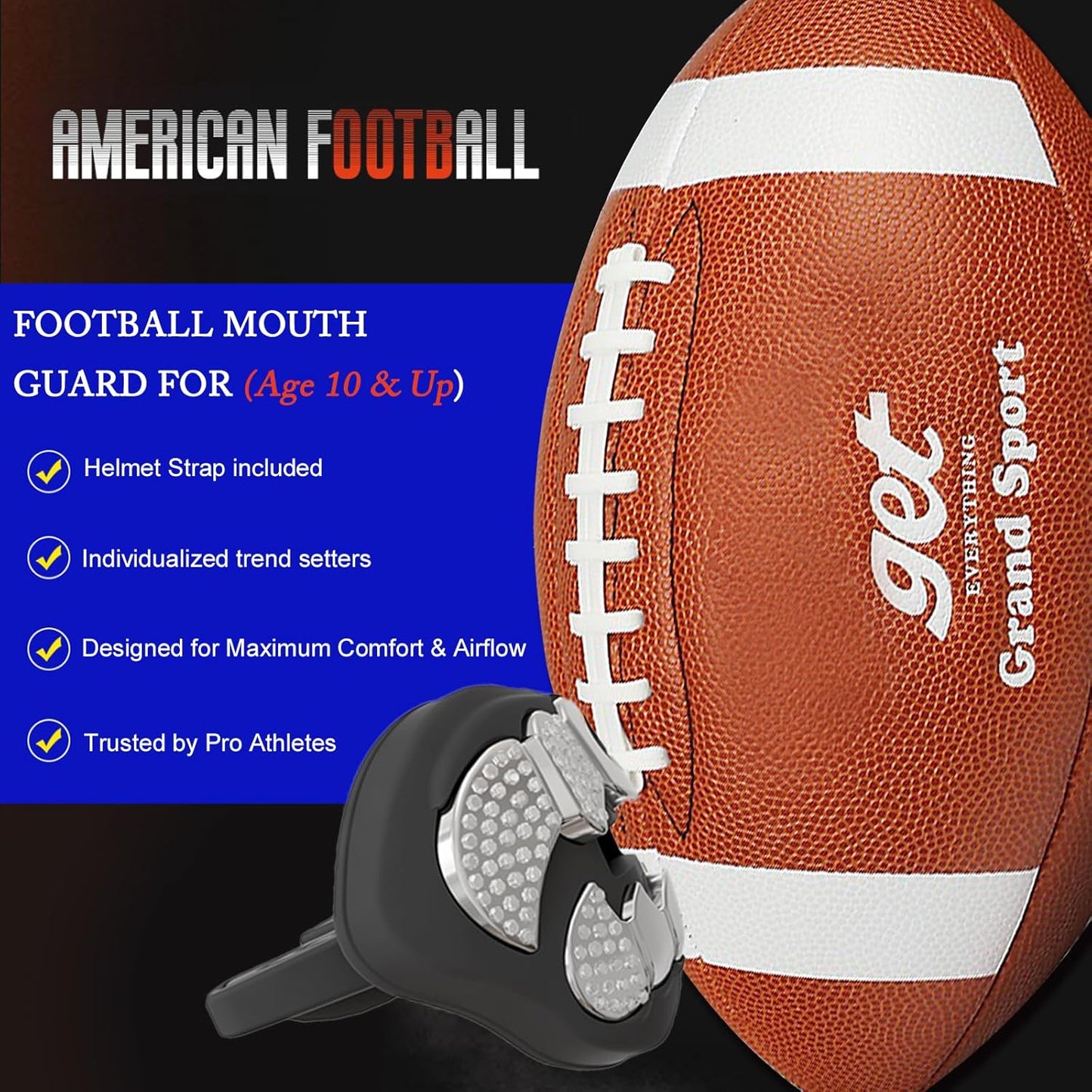 LeCool Football Mouth Guard with Connected Strap- 3D Beast Chrome Adult and Youth Mouth Guard-Mouth Piece for Sports for Maximum Air Flow and Teeth Protection