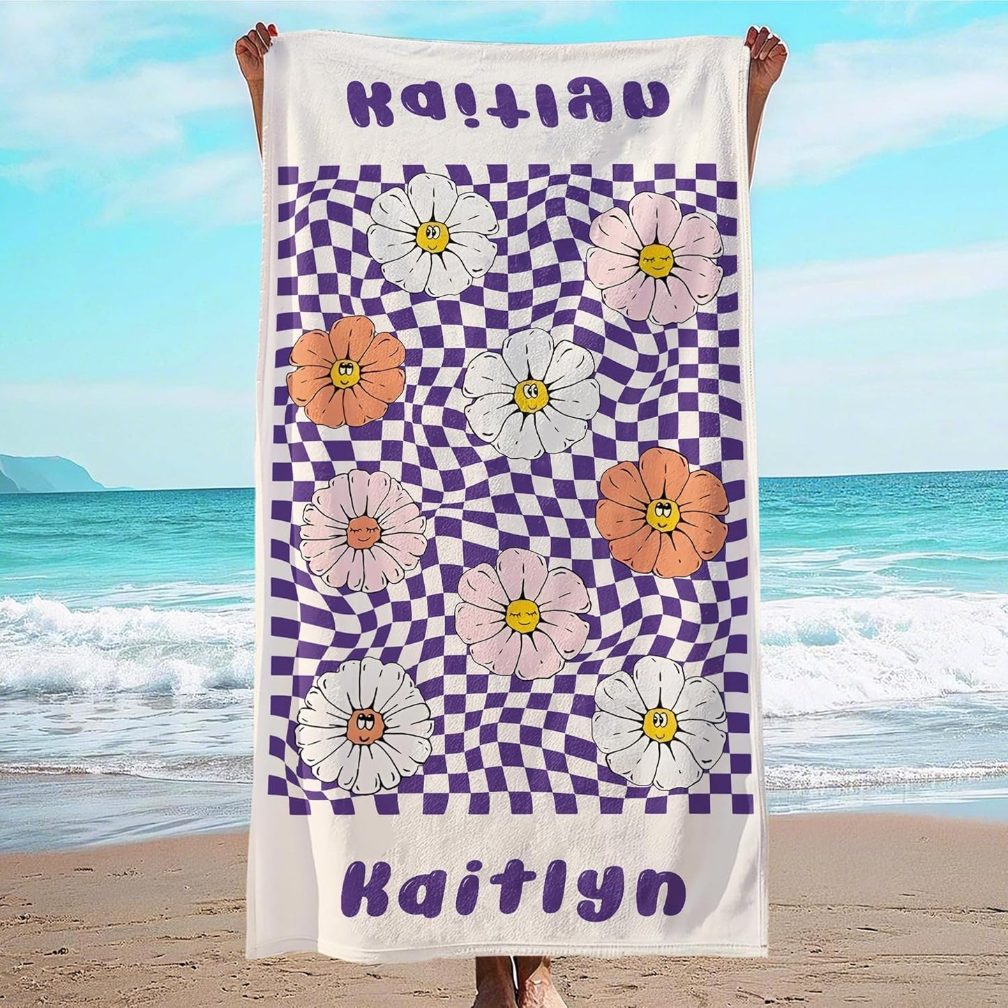 JML Personalized Beach Towel with Name, Custom Flower Beach Towel, Customized Microfiber Pool Towel, Quick Dry & Absorbent Swim Towel for Adult,Anniversary, Birthday, Summer Holiday,Vacation