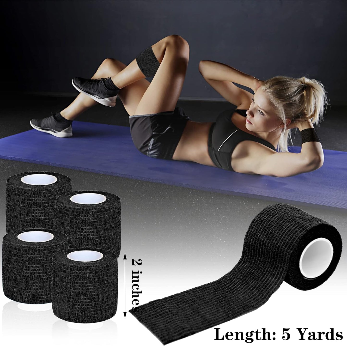 8 Pack 2 in x 5 Yards Cohesive Wrap Self Adhesive Bandage Wrap Elastic Self Adherent Wrap Self Stick Vet Tape for Athletic, Wrist, Ankle, Knees, Pets (Black)