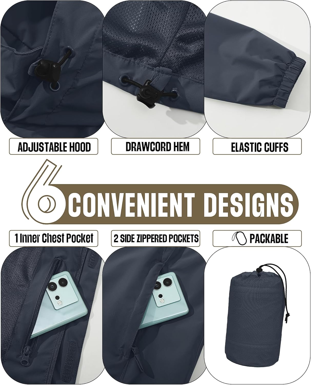 33,000ft Men's Packable Rain Jacket Waterproof Lightweight Raincoat Rain Shell with Hood for Outdoor Hiking Golf Travel