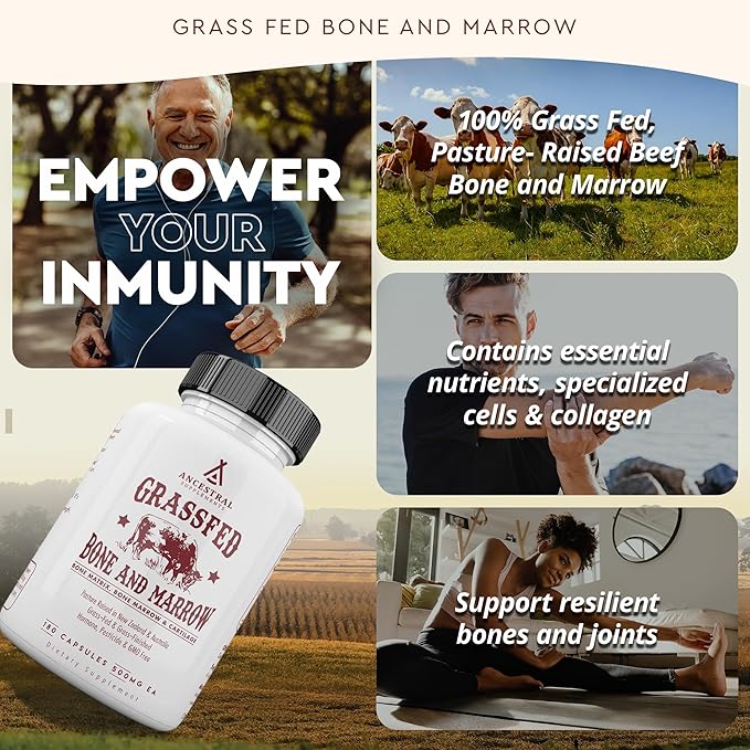 Ancestral Supplements Grass Fed Beef Bone and Marrow Supplement, 3000mg, Skin, Oral Health, and Joint Support Supplement, Promotes Whole-Body Wellness, Non GMO Whole Bone Extract, 180 Capsules
