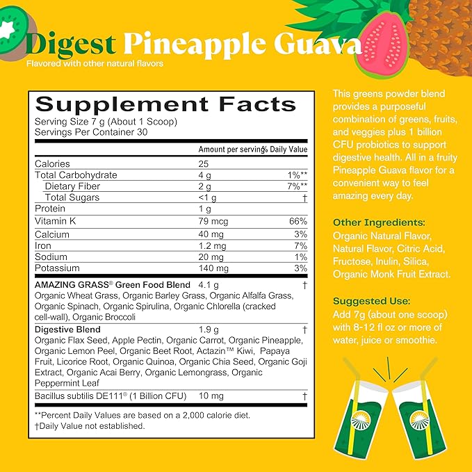Amazing Grass Greens Blend Digest: Super Greens Powder Smoothie Mix for Digestion Support with Organic Spirulina, Chlorella, Beet Root Powder, Digestive Enzymes & Probiotics, 30 Servings