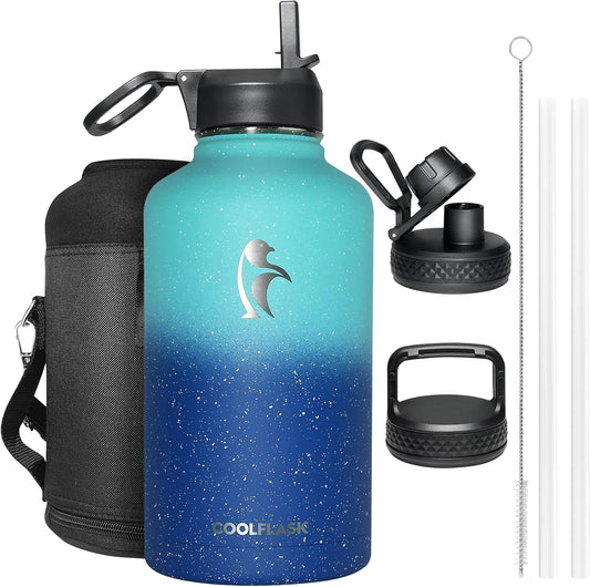 64 oz Water Bottle Insulated with Straw&3 Lids, Coolflask Half Gallon Water Jug Galaxy Large Metal Stainless Steel Vacuum Flask for Gym, Sports, Keep Cold 48H Hot 24H, Glacier Blue