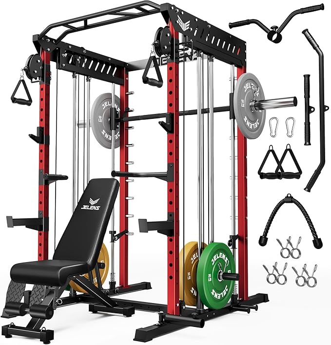 M21 Smith Machine, Multi-Function Power Cage with Dual Pulley Cable Crossover System, 2000LBS All-in-One Squat Rack with Smith Bar and Attachments