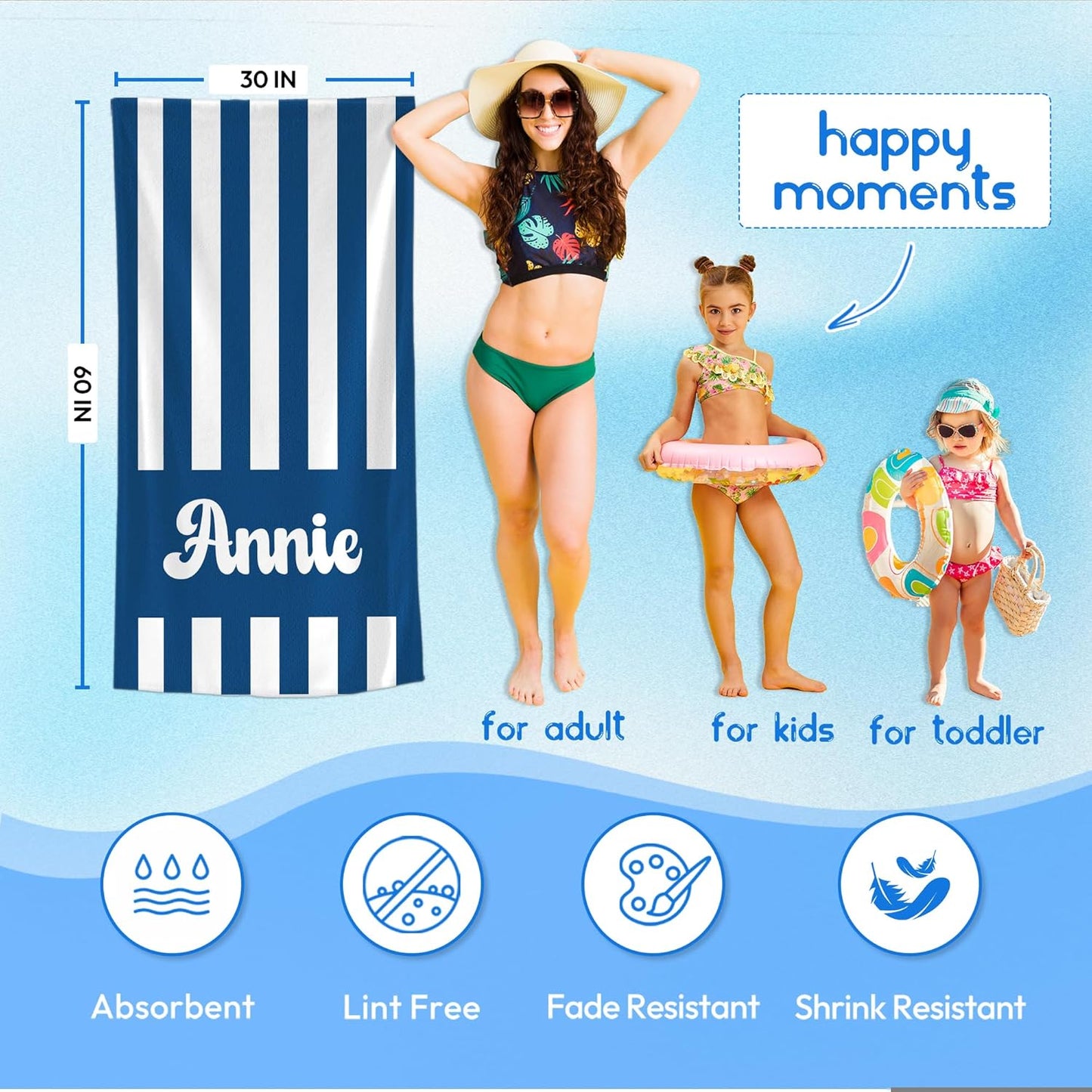 JML Personalized Beach Towel with Name, Custom Cabana Stripe Beach Towel, Customized Microfiber Pool Towel, Quick Dry & Absorbent Swim Towel for Adult,Mother's Day, Birthday, Summer Holiday,Vacation