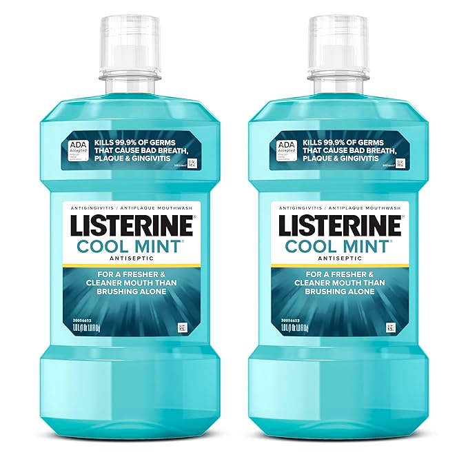 Listerine Cool Mint Antiseptic Mouthwash, Kills 99.9% of Germs That Cause Bad Breath, Plaque & Gingivitis, ADA Accepted, Clinically Proven, Cool Mint Flavor, for Adults, 1L Bottles, 2 Pack
