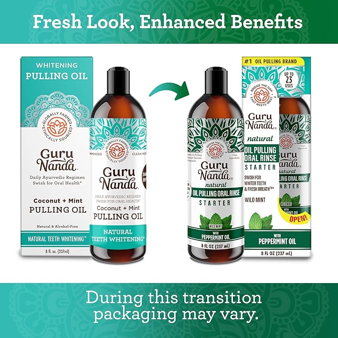 GuruNanda Starter Pulling Oil Mouthwash for Natural Teeth Whitening, Coconut and Peppermint Oil for Fresh Breath & Happy Gums, with Tongue Scraper, Alcohol-Free, 2X8 Oz